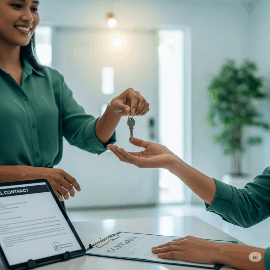 Uma pessoa entregando as chaves de um imóvel para outra pessoa em um ambiente moderno e iluminado.