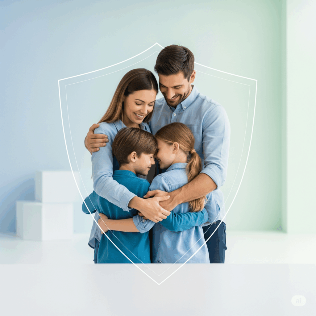 Uma família feliz (pais e dois filhos) abraçados, transmitindo proteção e segurança, com um escudo transparente envolvendo eles. 