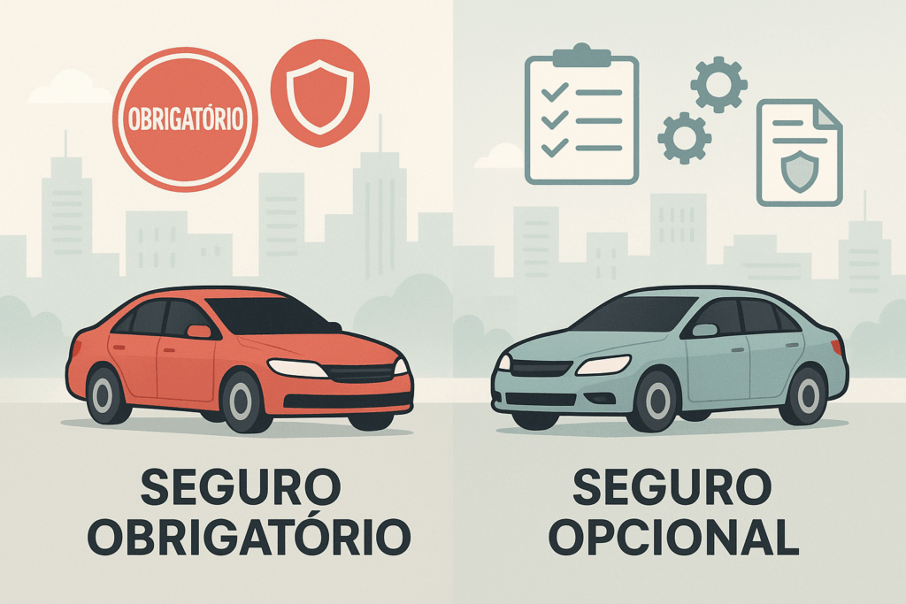 Dois carros lado a lado em um cenário urbano, com elementos visuais que representem proteção, como escudos ou mãos protegendo os veículos. Em um lado, destaque símbolos de obrigatoriedade, como um selo ou carimbo escrito "obrigatório". No outro lado, mostre ícones de escolha e personalização, como um checklist ou uma apólice personalizada