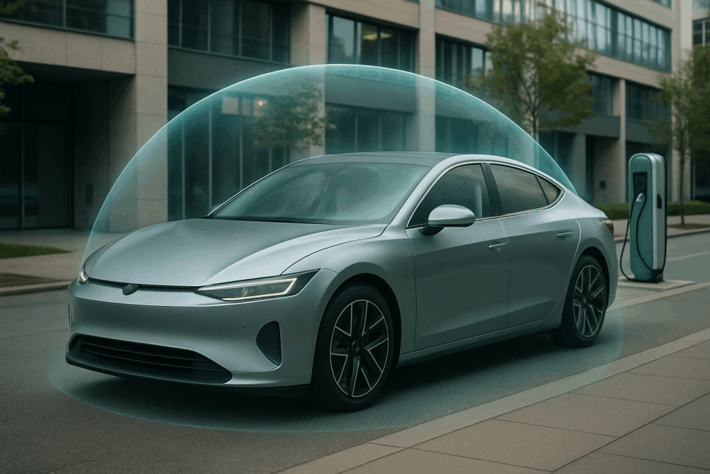 carro elétrico moderno estacionado em um ambiente urbano, com um design elegante e limpo. 