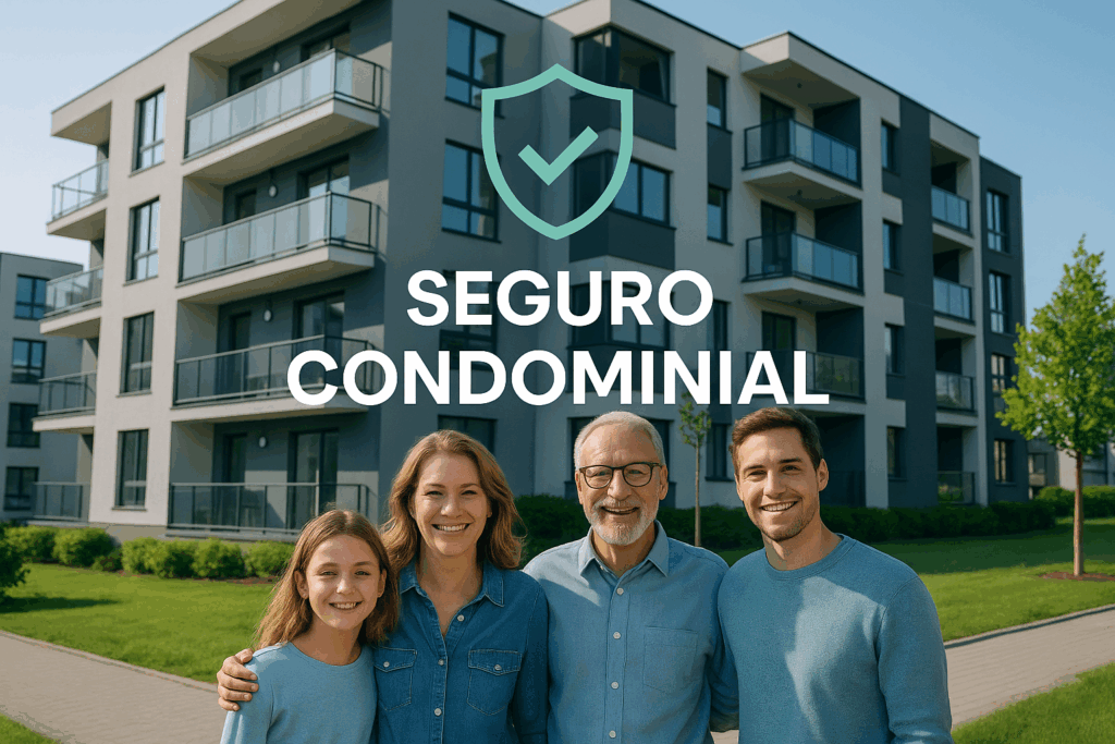 imagem mostra um prédio de apartamentos moderno com moradores felizes e tranquilos, visivelmente protegidos.