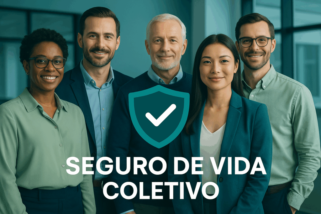 A imagem mostra um grupo de pessoas de diferentes idades e etnias em um ambiente corporativo, representando uma equipe de trabalho. Os colaboradores estão retratados de maneira positiva, com expressões de confiança e bem-estar.