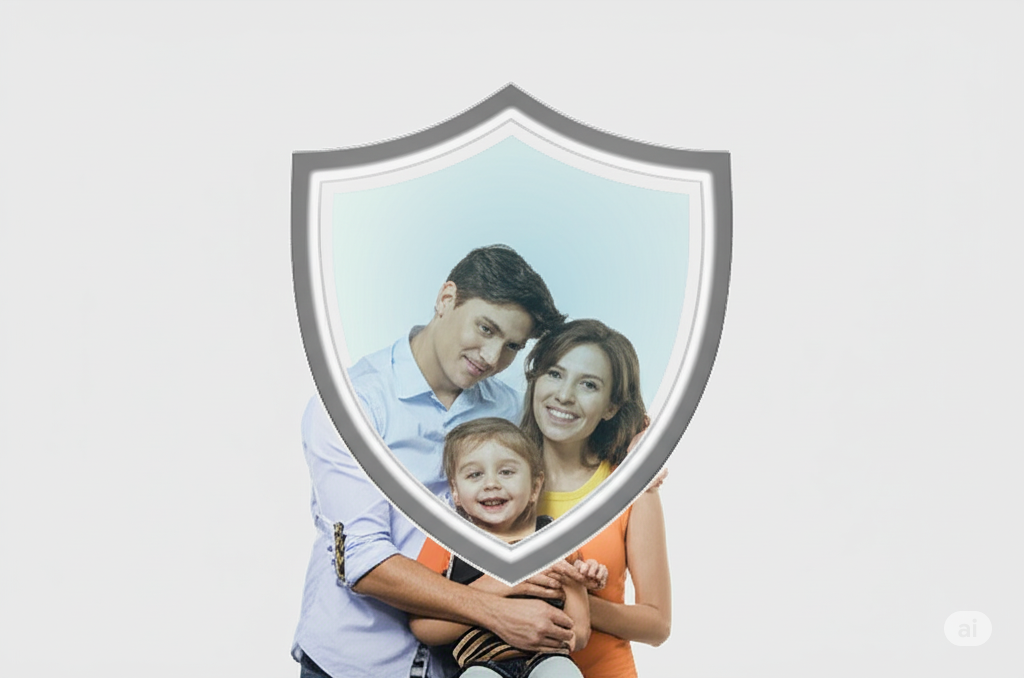 imagem com o casal e uma criança, no estilo de fotografia de estúdio e com a proteção do seguro de vida simbolizada