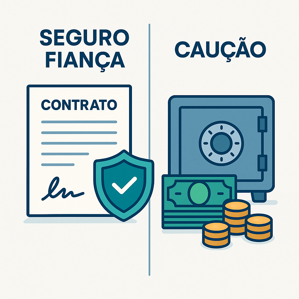 De um lado, uma representação do seguro fiança com elementos como um contrato, assinatura e proteção  e do outro lado, uma representação da caução com um cofre ou uma pilha de dinheiro simbolizando o depósito. 